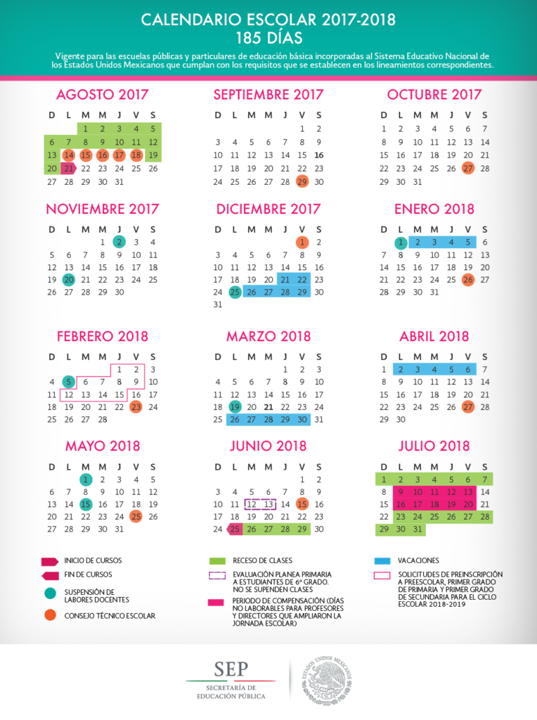 Calendario Escolar para el Ciclo Escolar 2017 2018
